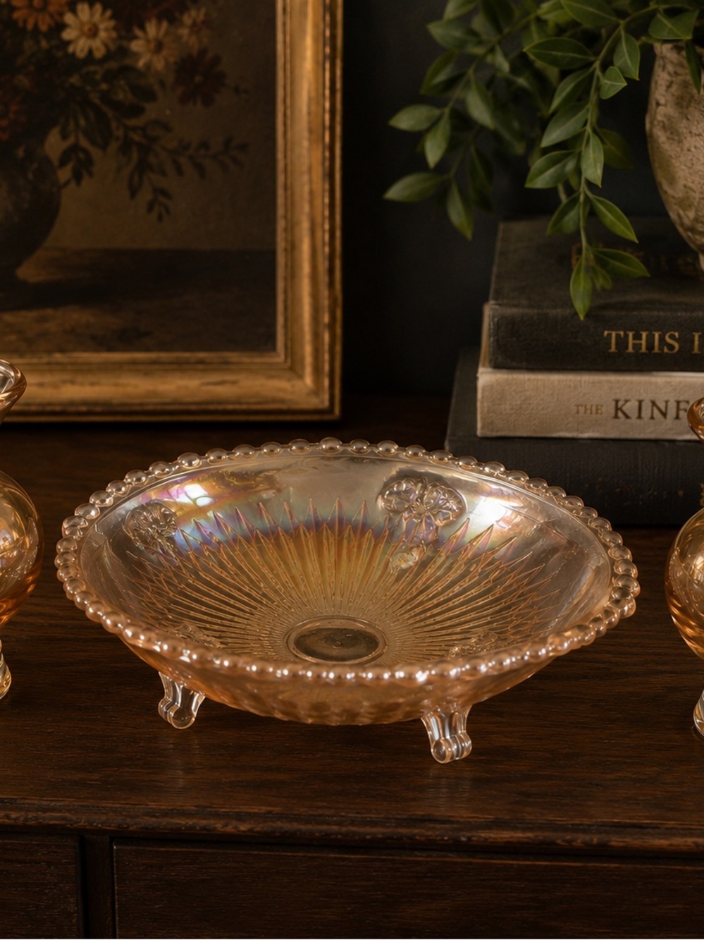Iridescent Amber Glass Footed Serving Bowl - Vintage Style